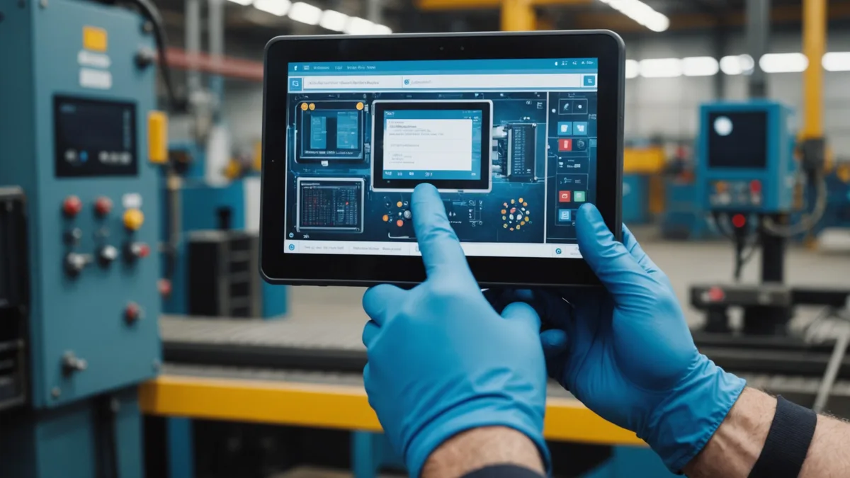 Industrial tablet showing maintenance work order interface in plant environment