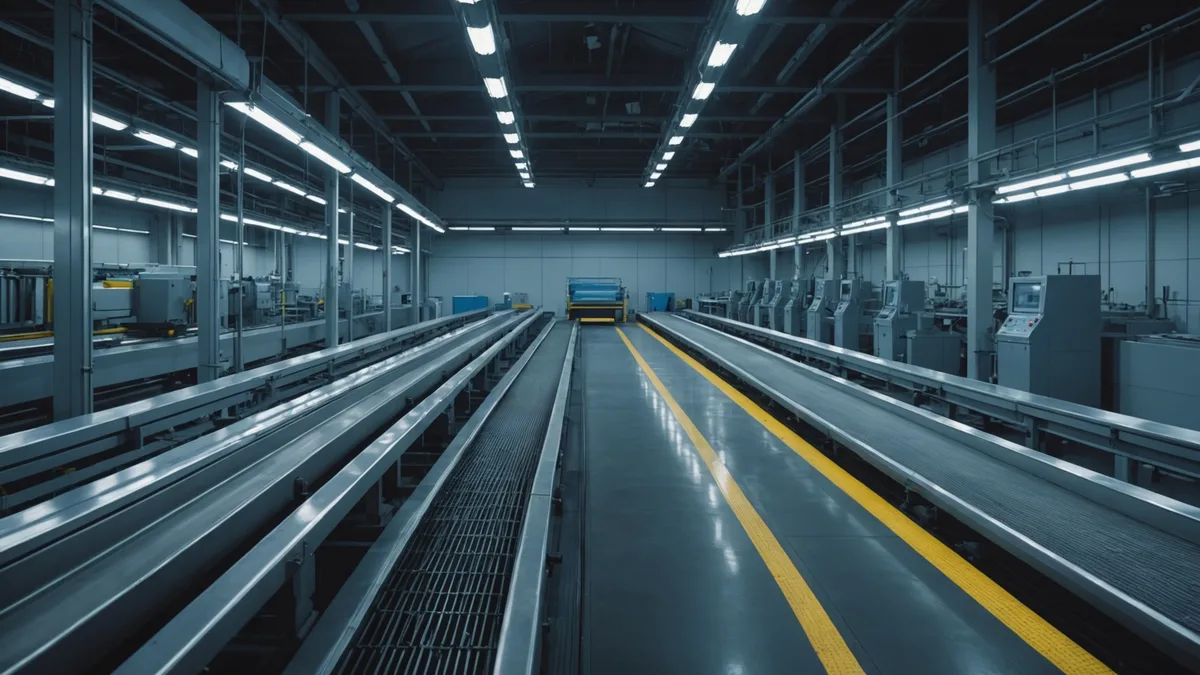 Industrial production line halted, conveyor belt stopped, suggesting costly downtime